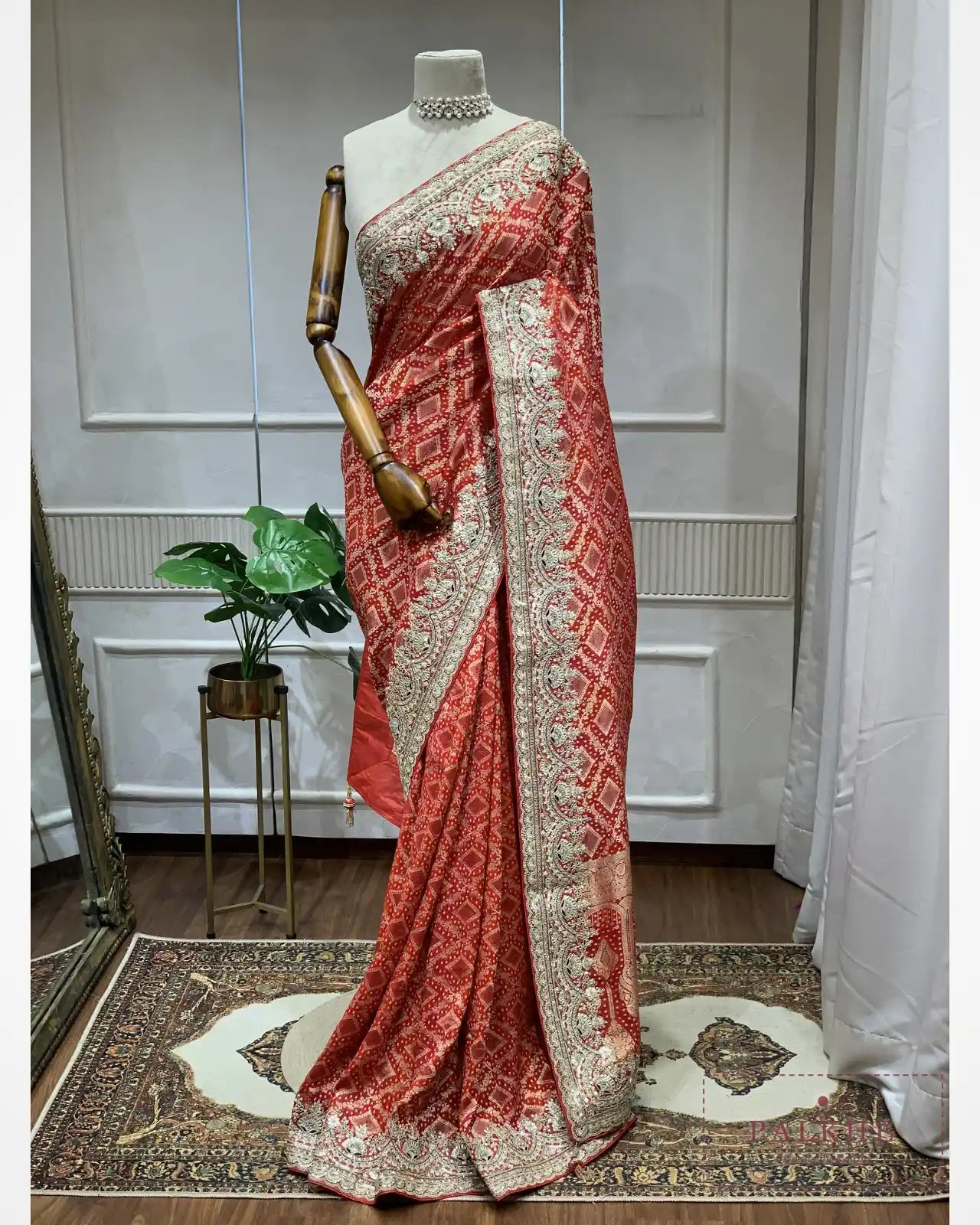 Red geometric Georgette Bandhej x Hand Embroidery