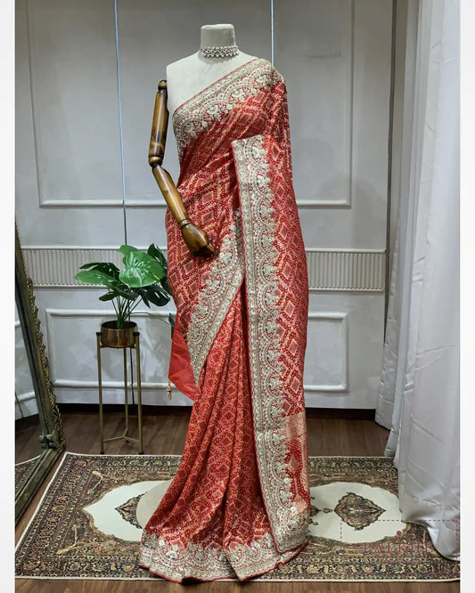 Red geometric Georgette Bandhej x Hand Embroidery