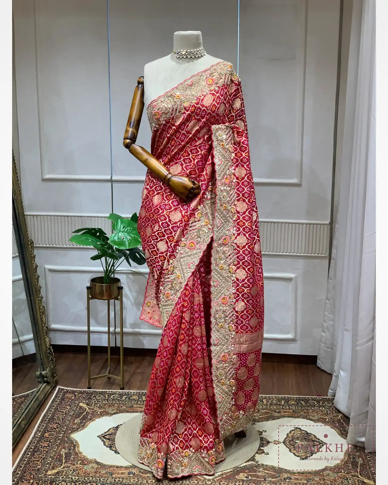 Rani Pink Georgette Bandhej x Hand Embroidery