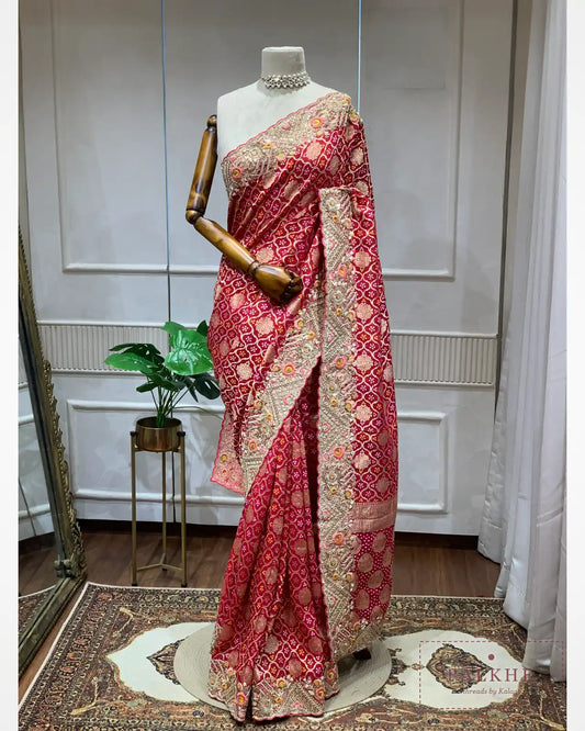 Rani Pink Georgette Bandhej x Hand Embroidery