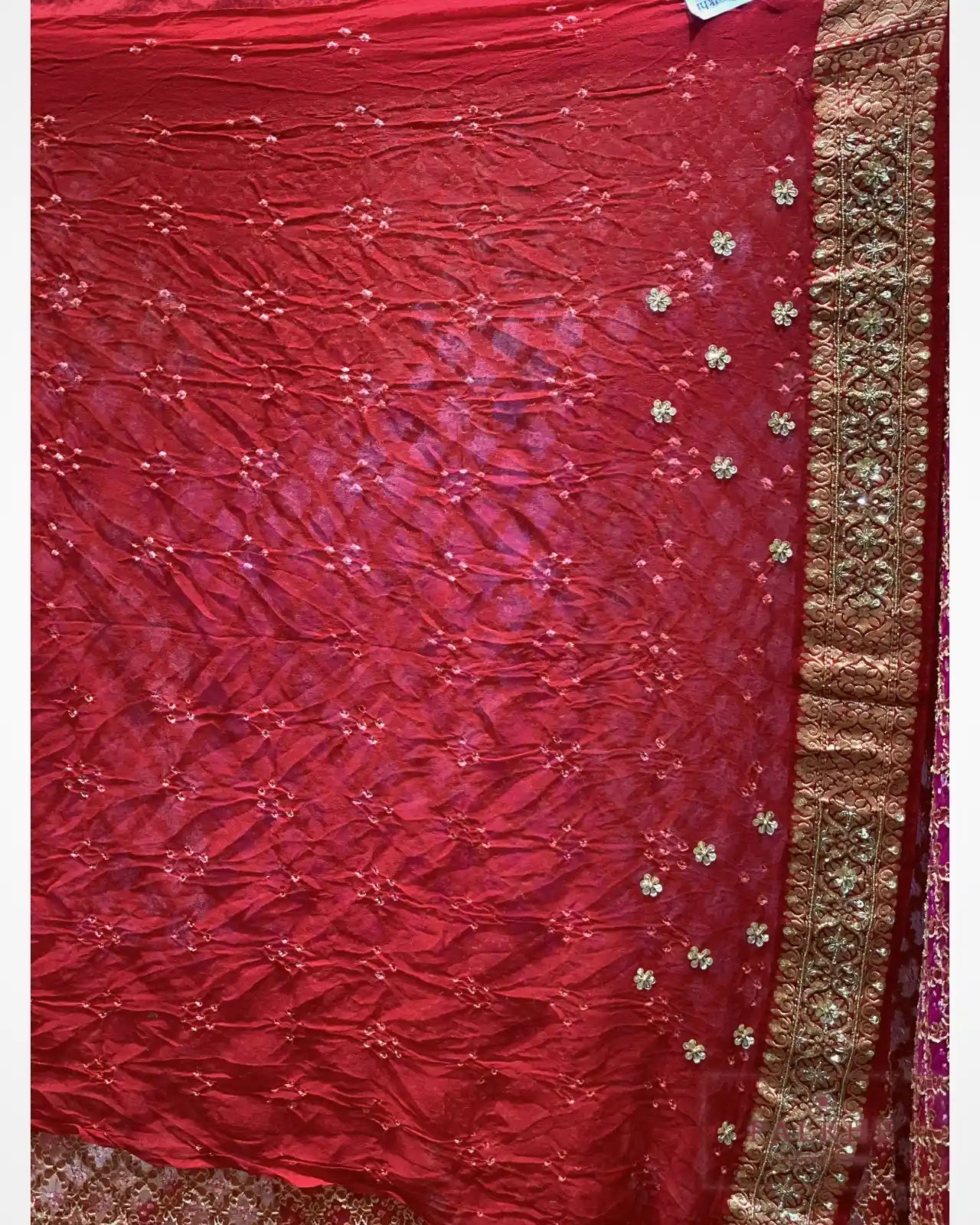 Crimson-Red & Rani-Pink Kaddi Georgette Bandhej x Hand Embroidery