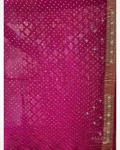 Pink Kaddi Georgette Bandhej x Hand Embroidery