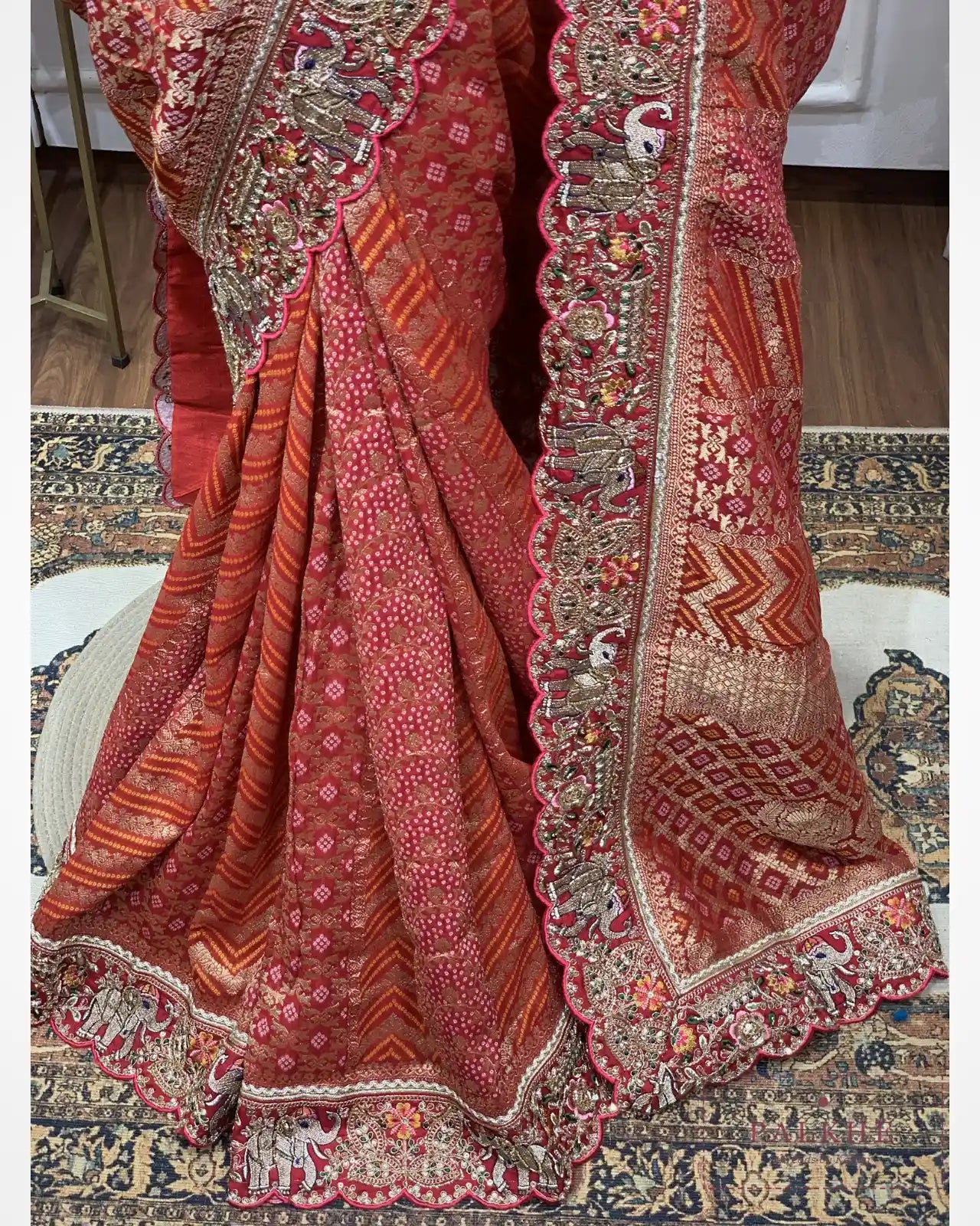 Maroon Khaddi Georgette Bandhej x Hand Embroidery