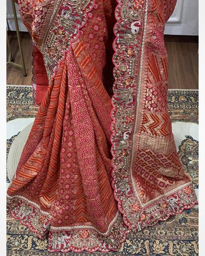 Maroon Khaddi Georgette Bandhej x Hand Embroidery