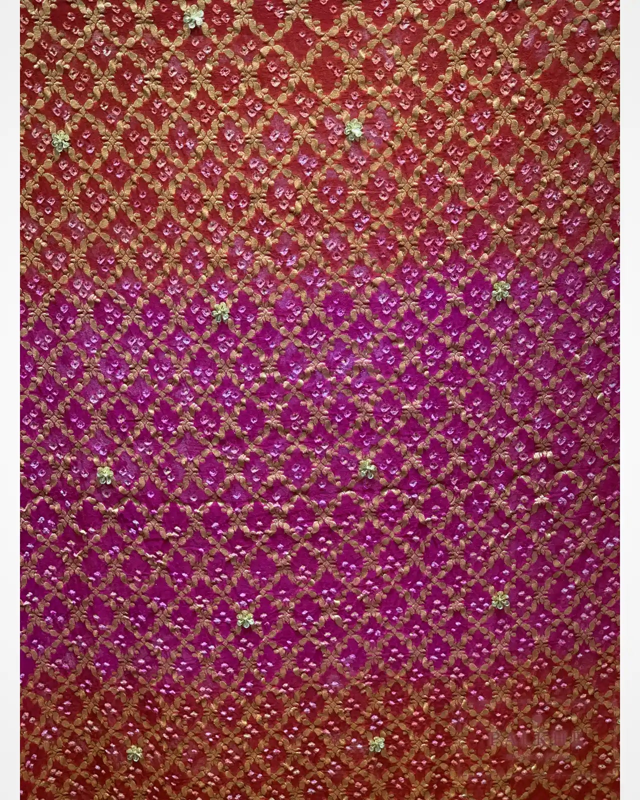 Crimson-Red & Rani-Pink Kaddi Georgette Bandhej x Hand Embroidery