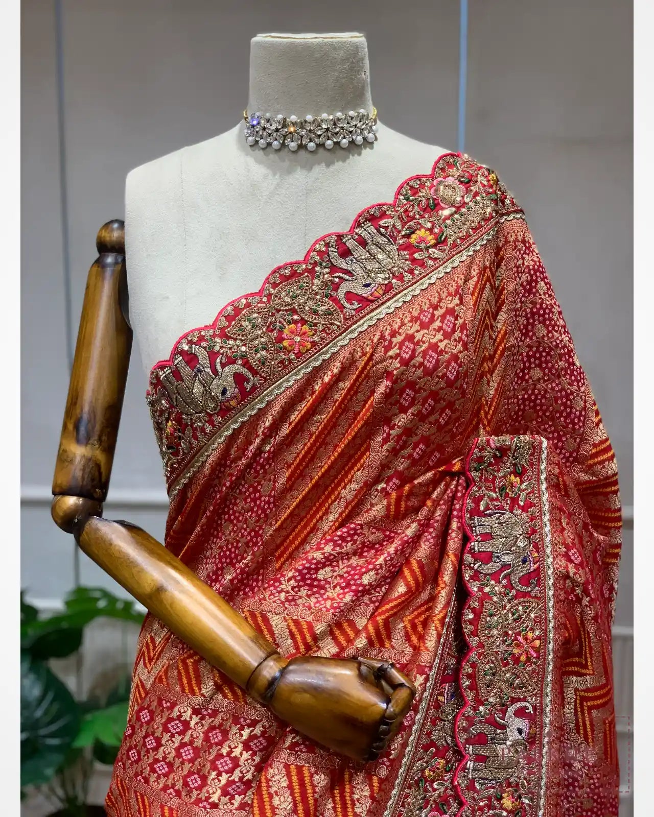Maroon Khaddi Georgette Bandhej x Hand Embroidery