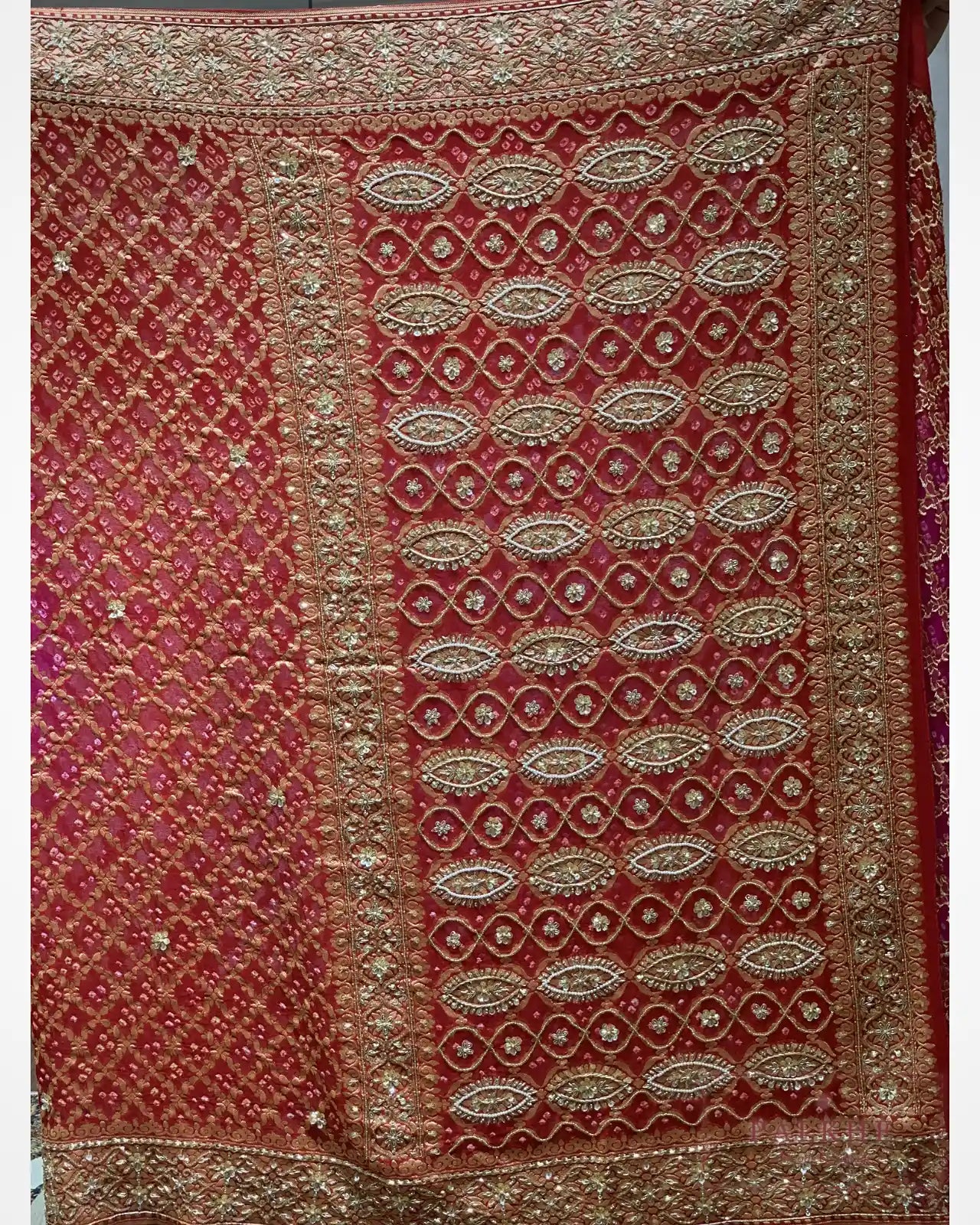 Crimson-Red & Rani-Pink Kaddi Georgette Bandhej x Hand Embroidery
