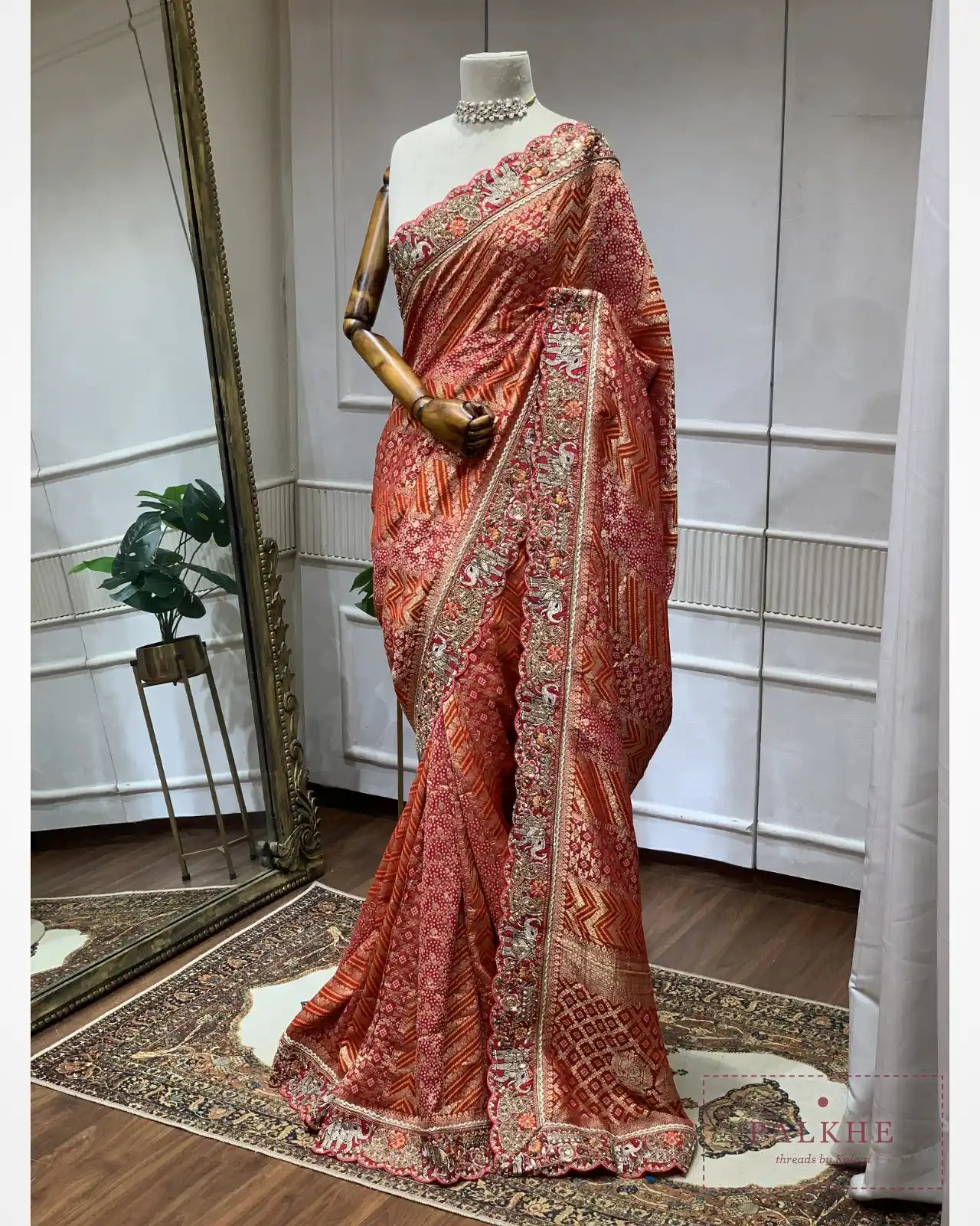 Maroon Khaddi Georgette Bandhej x Hand Embroidery