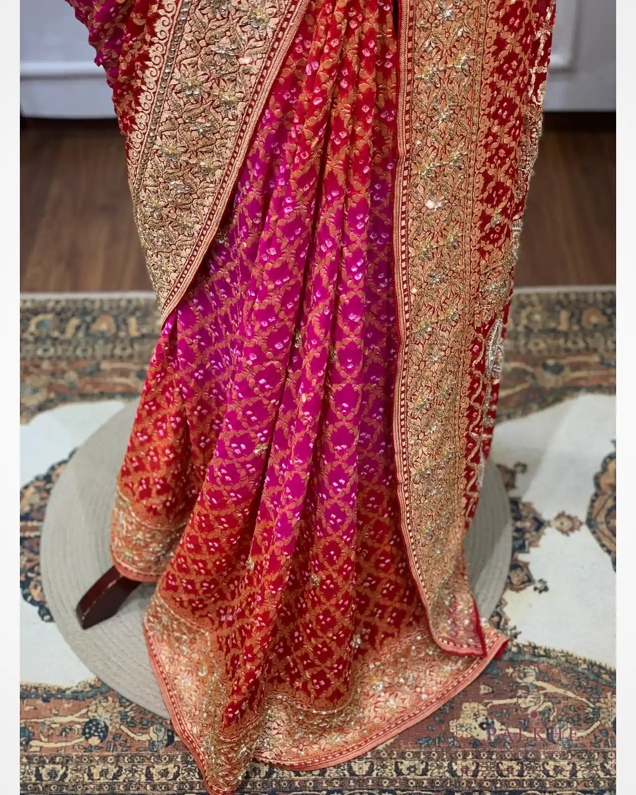 Crimson-Red & Rani-Pink Kaddi Georgette Bandhej x Hand Embroidery