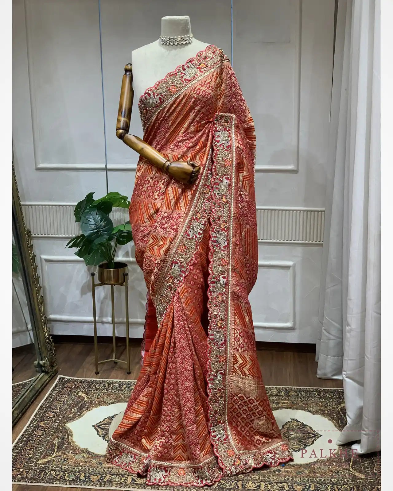 Maroon Khaddi Georgette Bandhej x Hand Embroidery