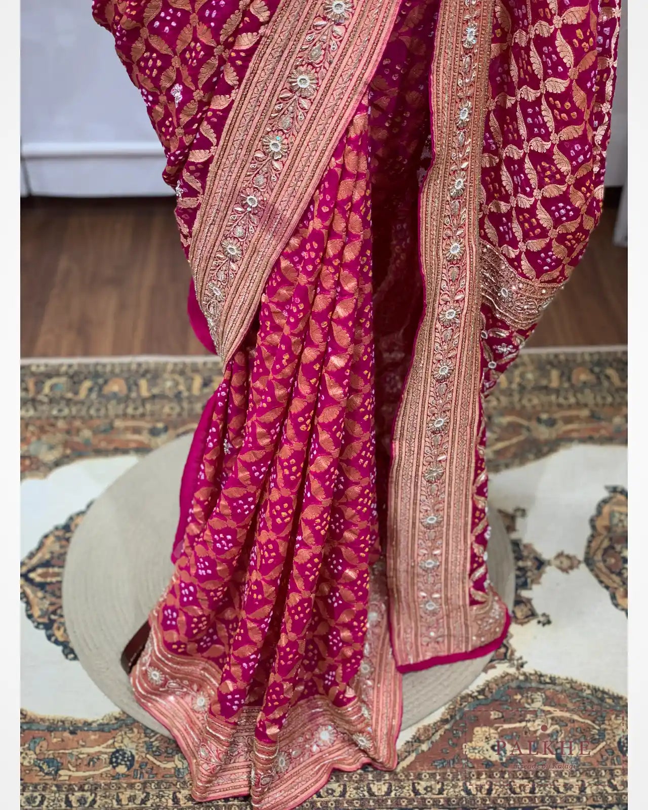 Pink Kaddi Georgette Bandhej x Hand Embroidery