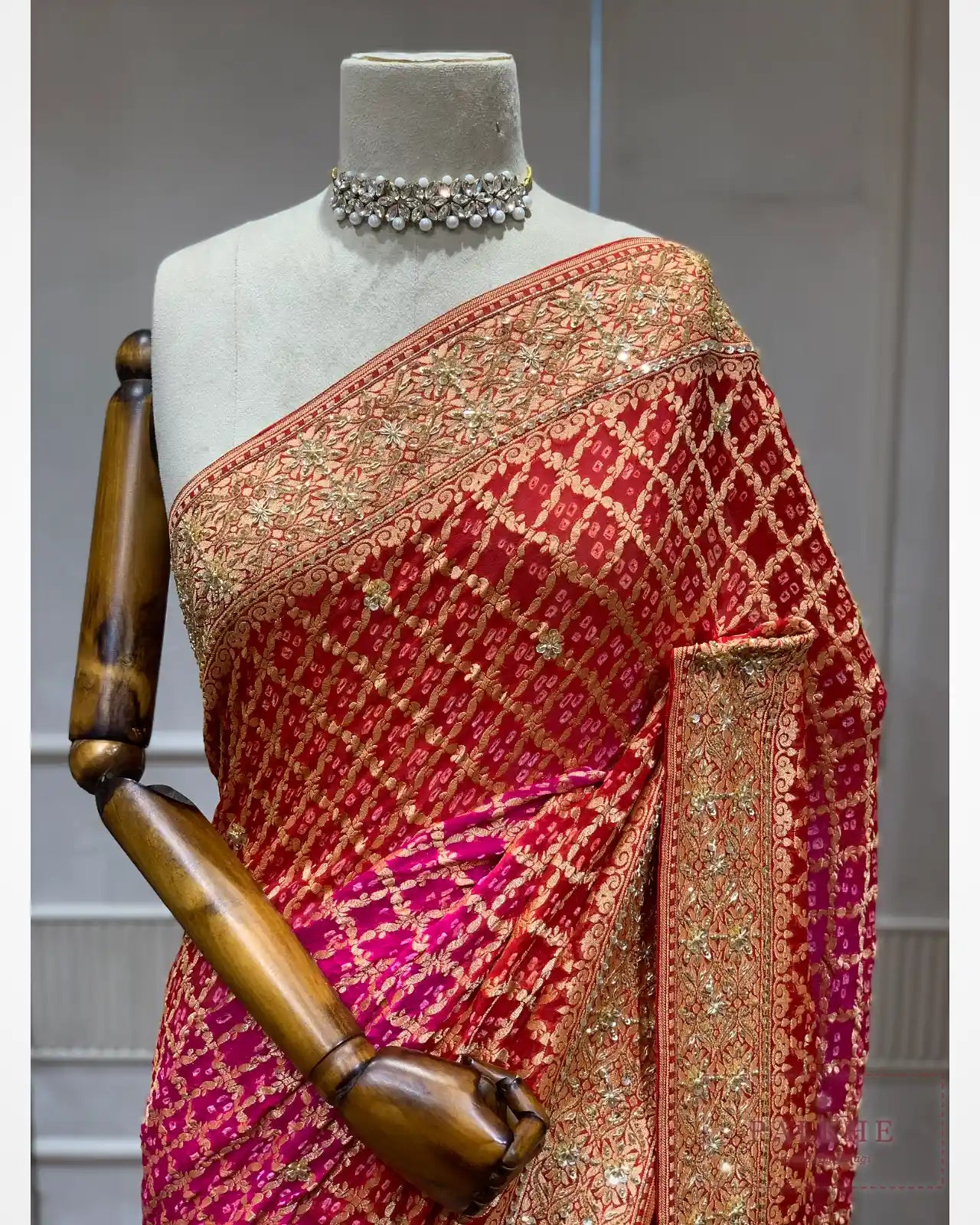 Crimson-Red & Rani-Pink Kaddi Georgette Bandhej x Hand Embroidery