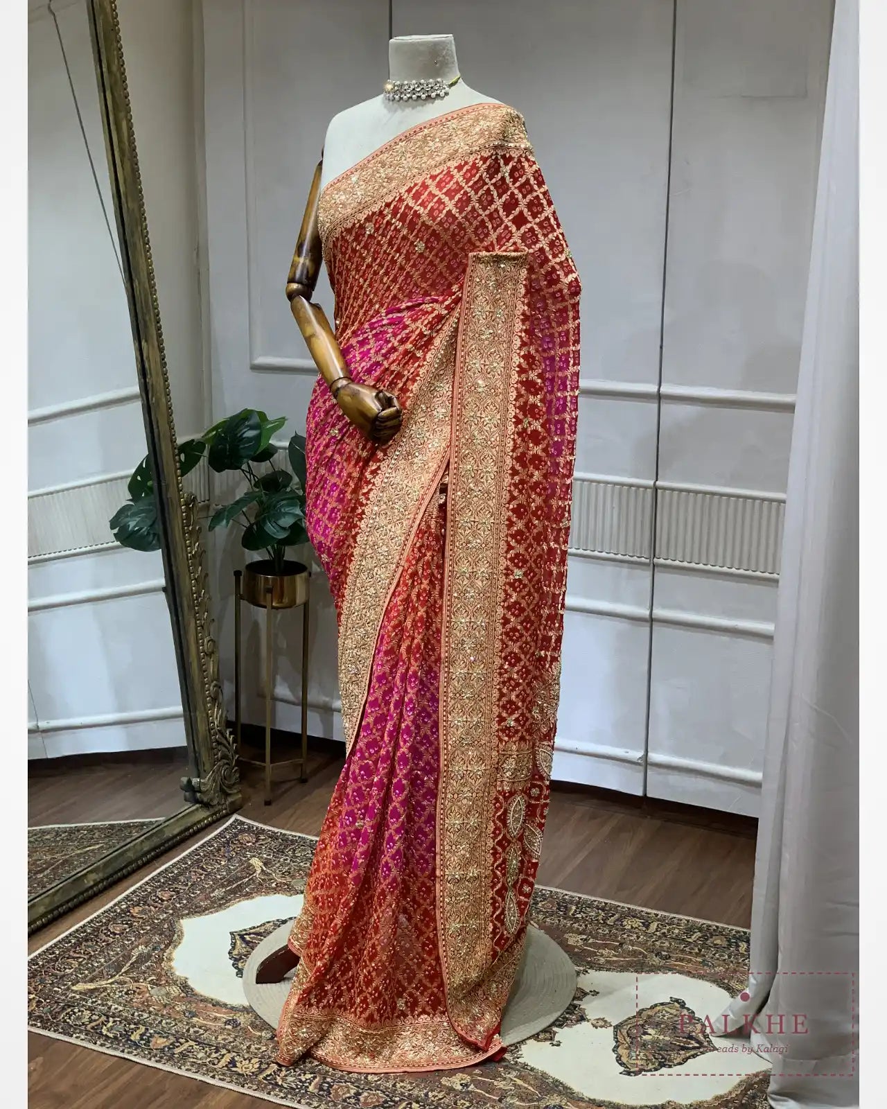 Crimson-Red & Rani-Pink Kaddi Georgette Bandhej x Hand Embroidery