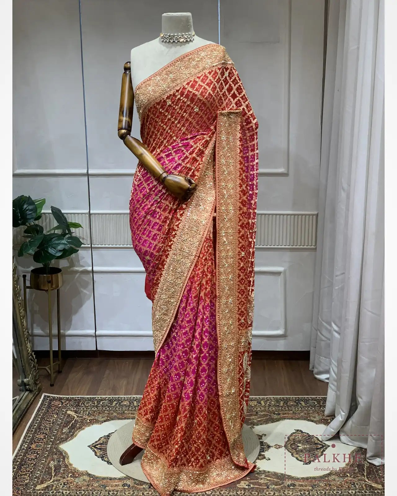 Crimson-Red & Rani-Pink Kaddi Georgette Bandhej x Hand Embroidery