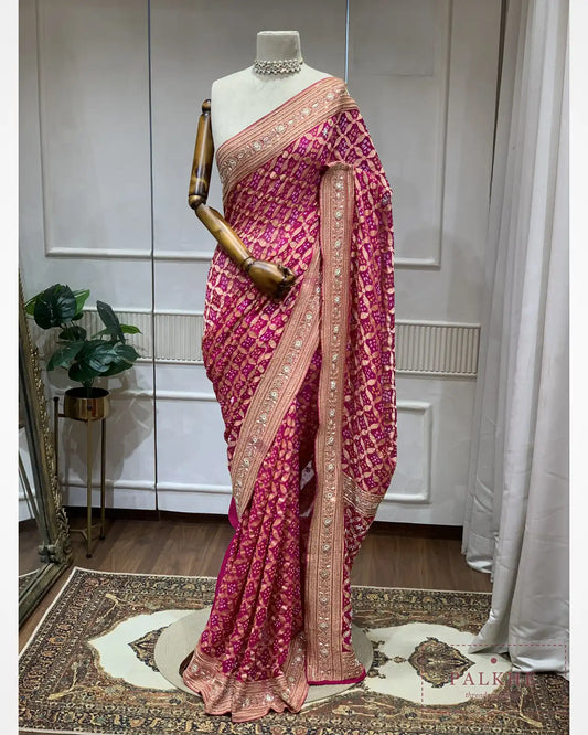 Pink Kaddi Georgette Bandhej x Hand Embroidery