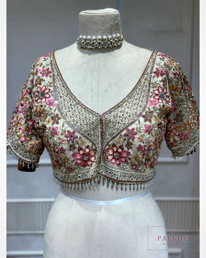 Cream Floral Buttis Crepe Silk Fancy x Hand Embroidery