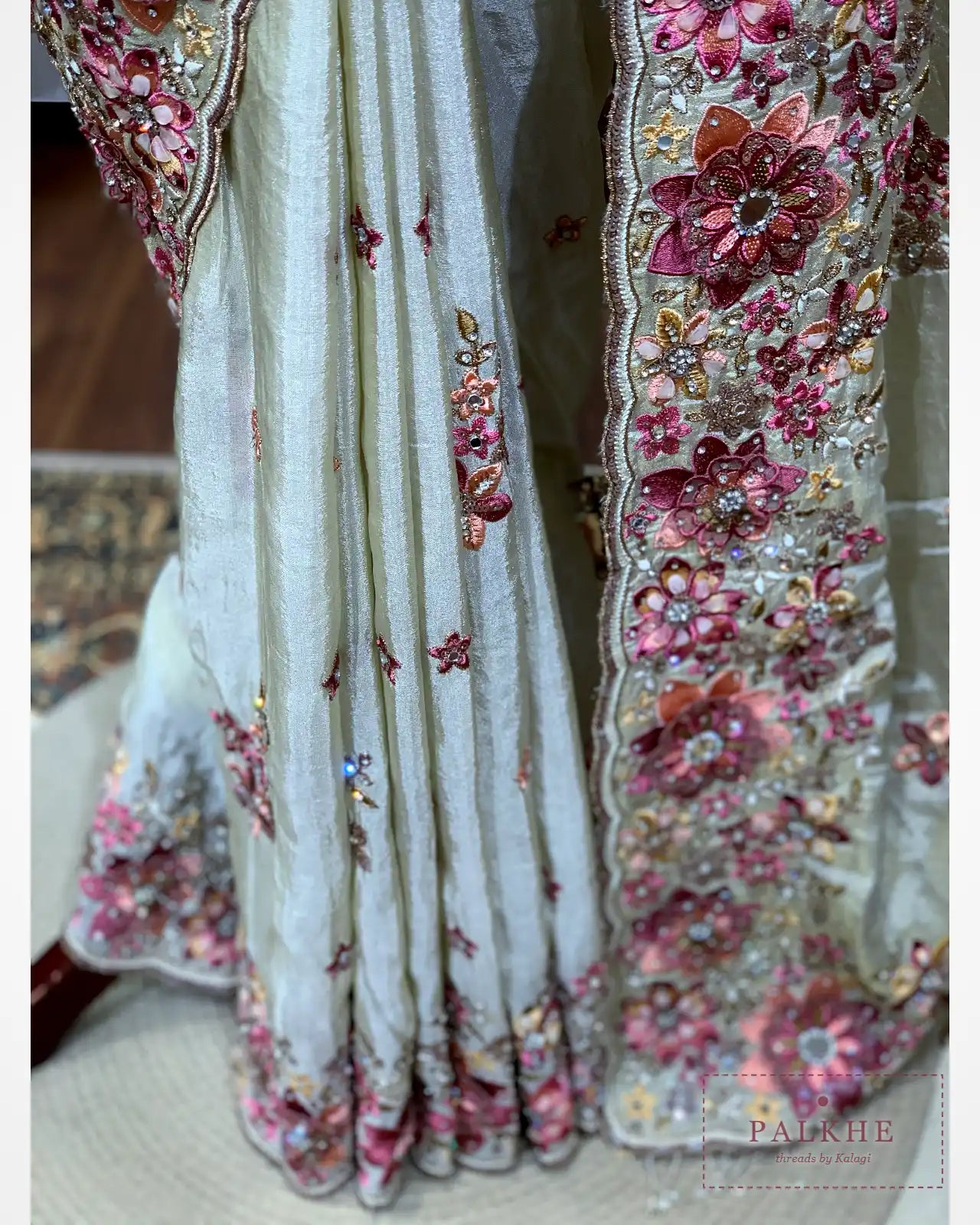Cream Floral Buttis Crepe Silk Fancy x Hand Emboridery