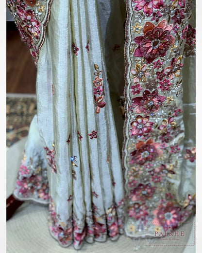Cream Floral Buttis Crepe Silk Fancy x Hand Embroidery