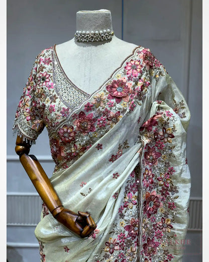 Cream Floral Buttis Crepe Silk Fancy x Hand Embroidery