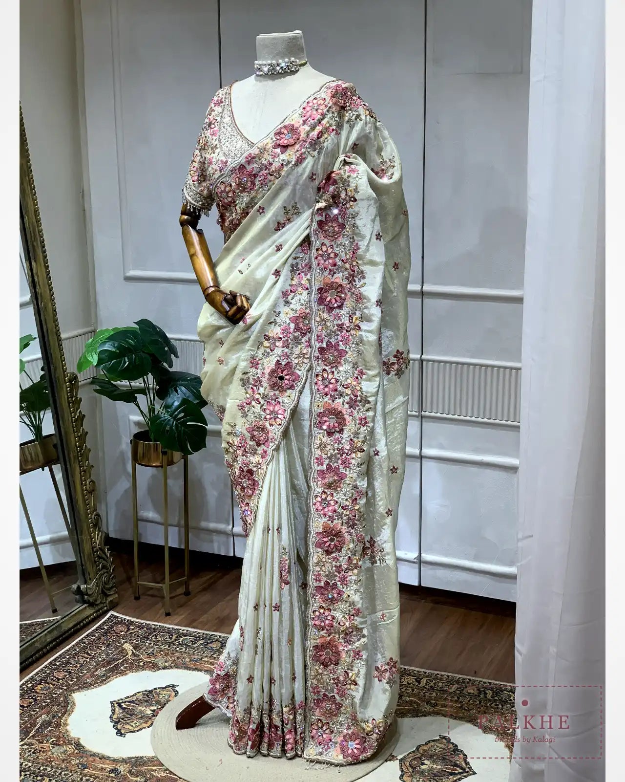 Cream Floral Buttis Crepe Silk Fancy x Hand Emboridery