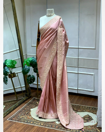 Pink Brocade Kanjivaram x Hand Embroidery