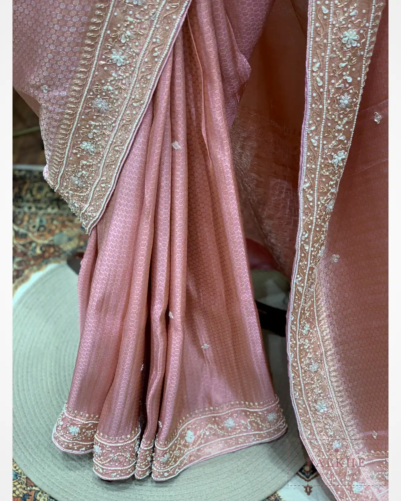 Pink Brocade Kanjivaram x Hand Embroidery