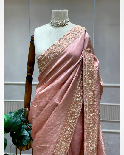 Pink Brocade Kanjivaram x Hand Embroidery
