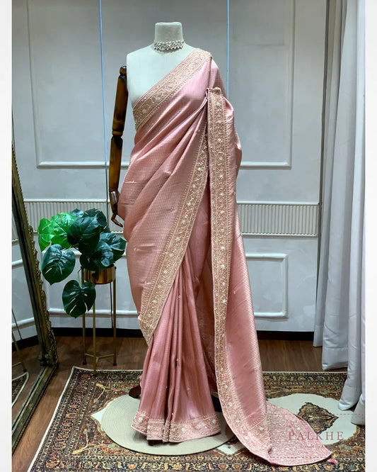 Pink Brocade Kanjivaram x Hand Embroidery