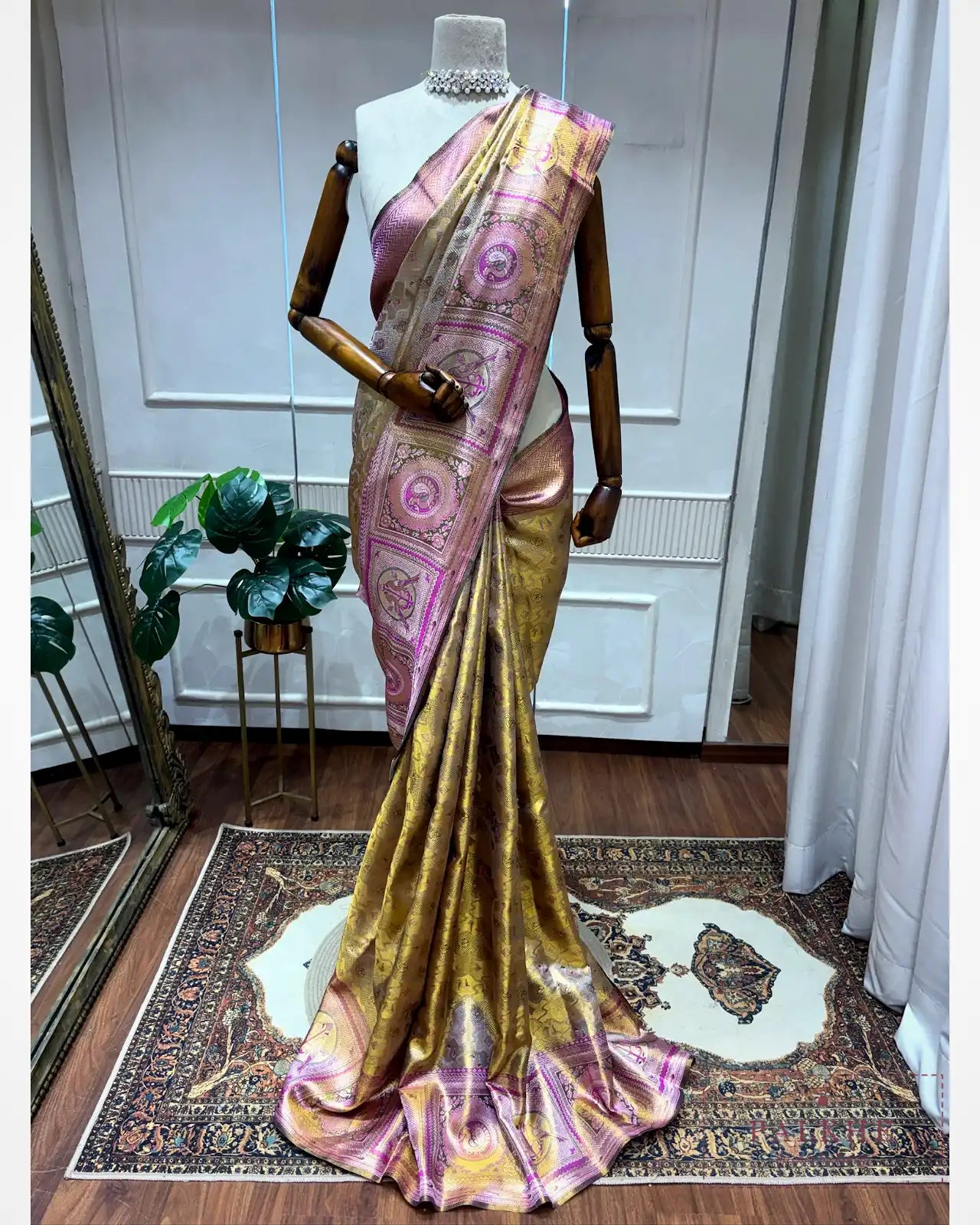Golden & Pink Kanjivaram Meenakari in Pure Silk