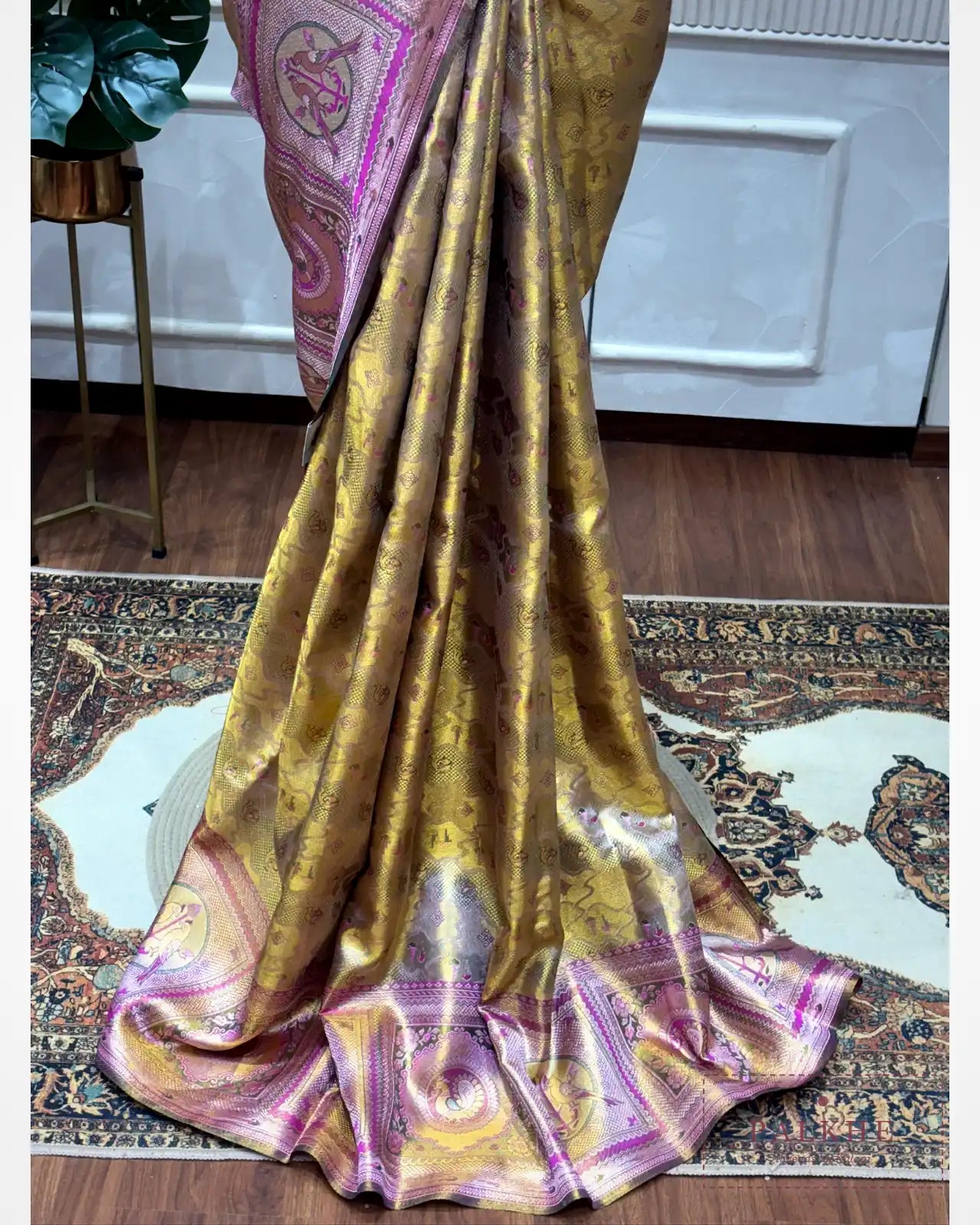 Golden & Pink Kanjivaram Meenakari in Pure Silk