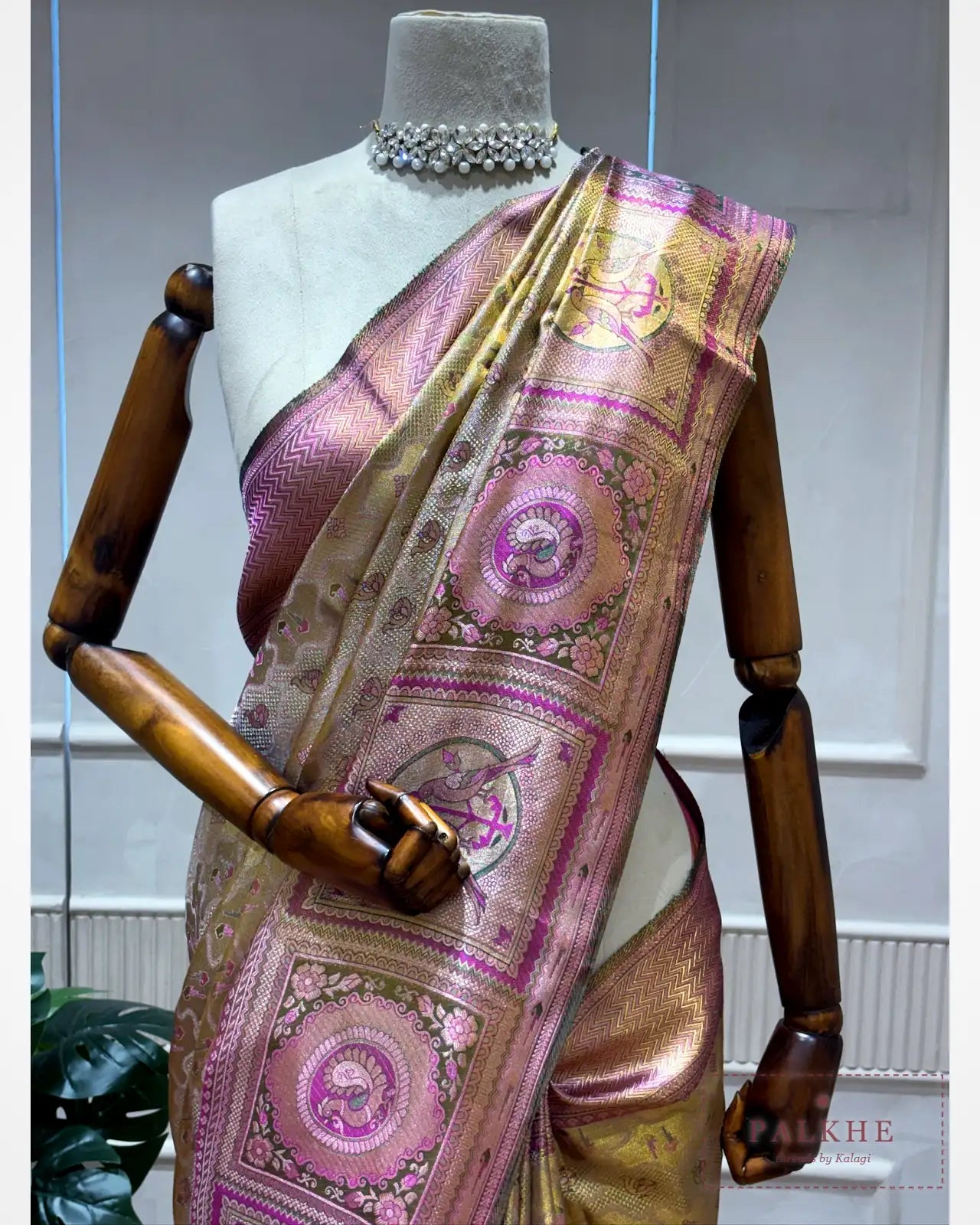 Golden & Pink Kanjivaram Meenakari in Pure Silk