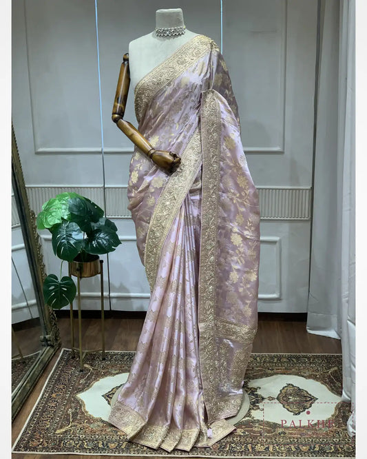 Lavender Floral Jaal Silk Banarasi x Hand Embroidery