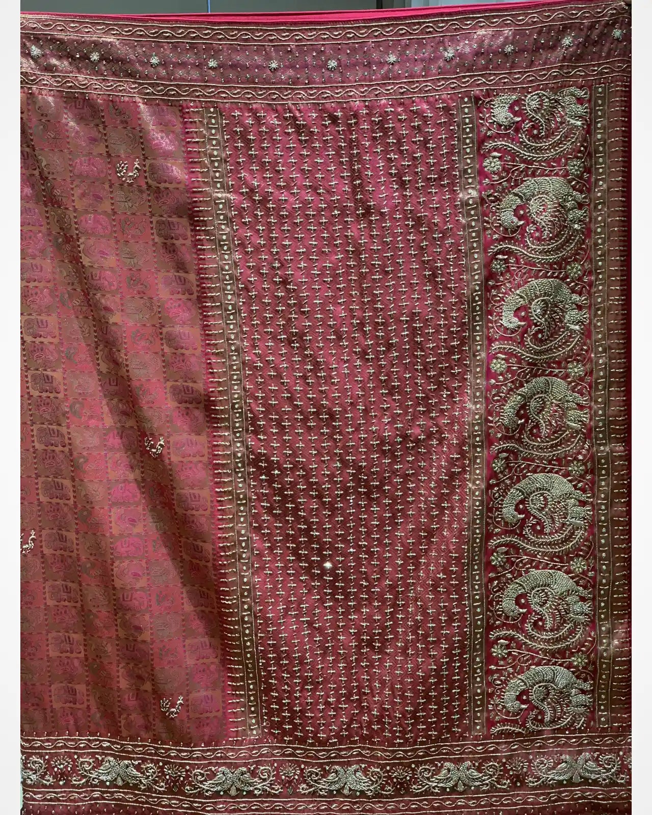 Rich Pink and Gold Semi Silk Kanjivaram x Hand Embroidery