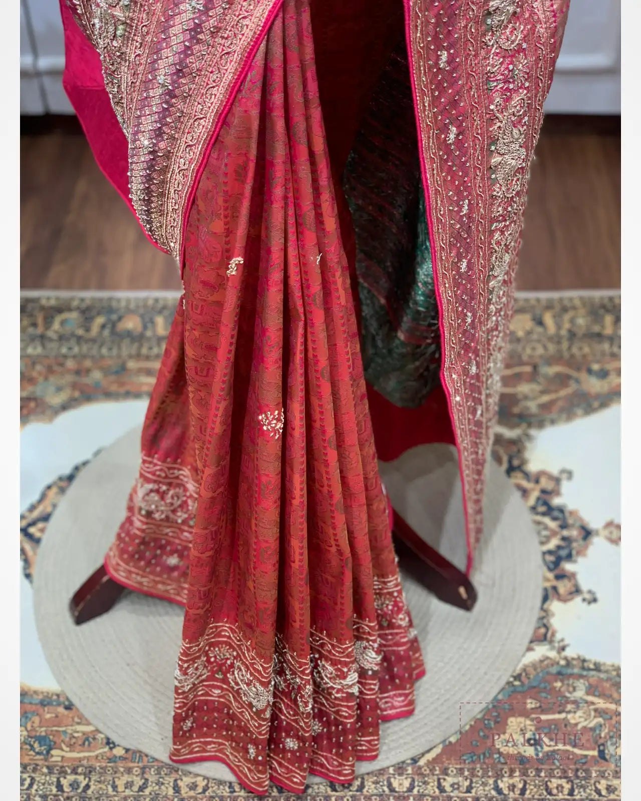 Rich Pink and Gold Semi Silk Kanjivaram x Hand Embroidery