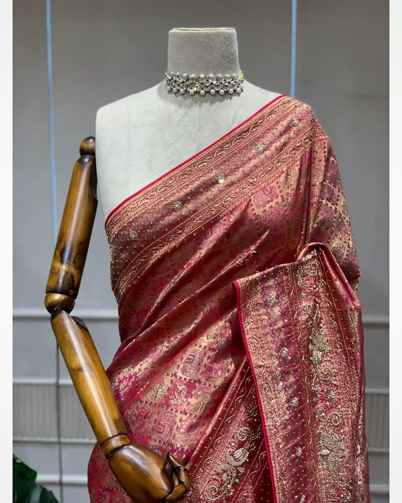 Rich Pink and Gold Semi Silk Kanjivaram x Hand Embroidery