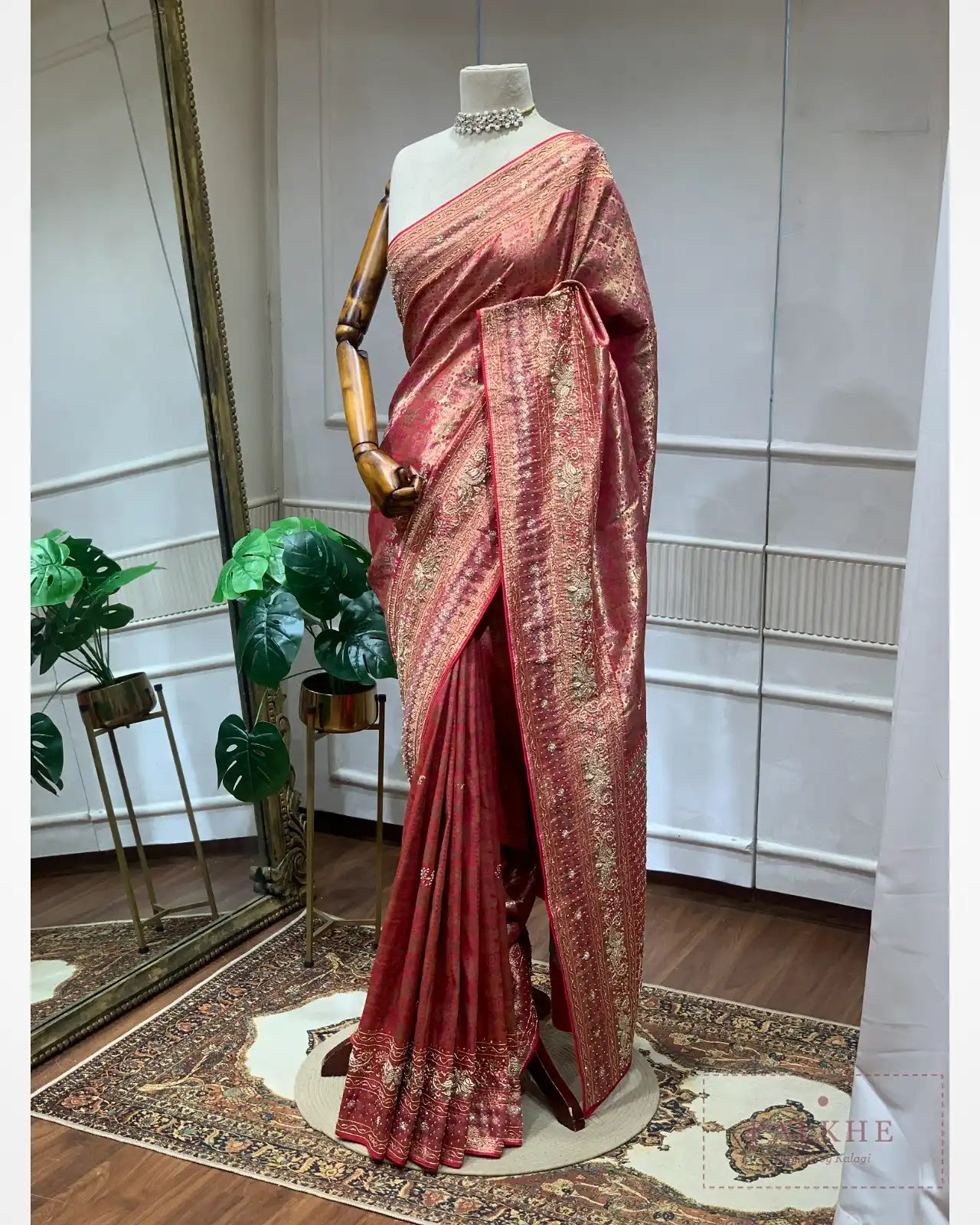 Rich Pink and Gold Semi Silk Kanjivaram x Hand Embroidery