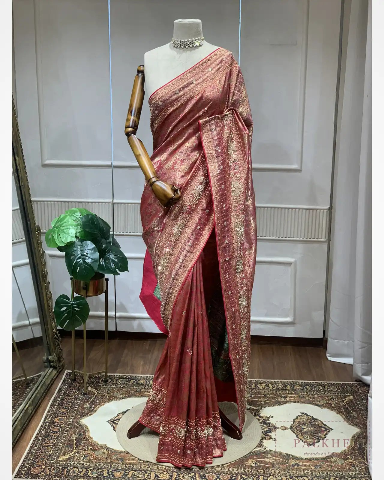 Rich Pink and Gold Semi Silk Kanjivaram x Hand Embroidery