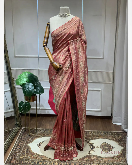 Rich Pink and Gold Semi Silk Kanjivaram x Hand Embroidery