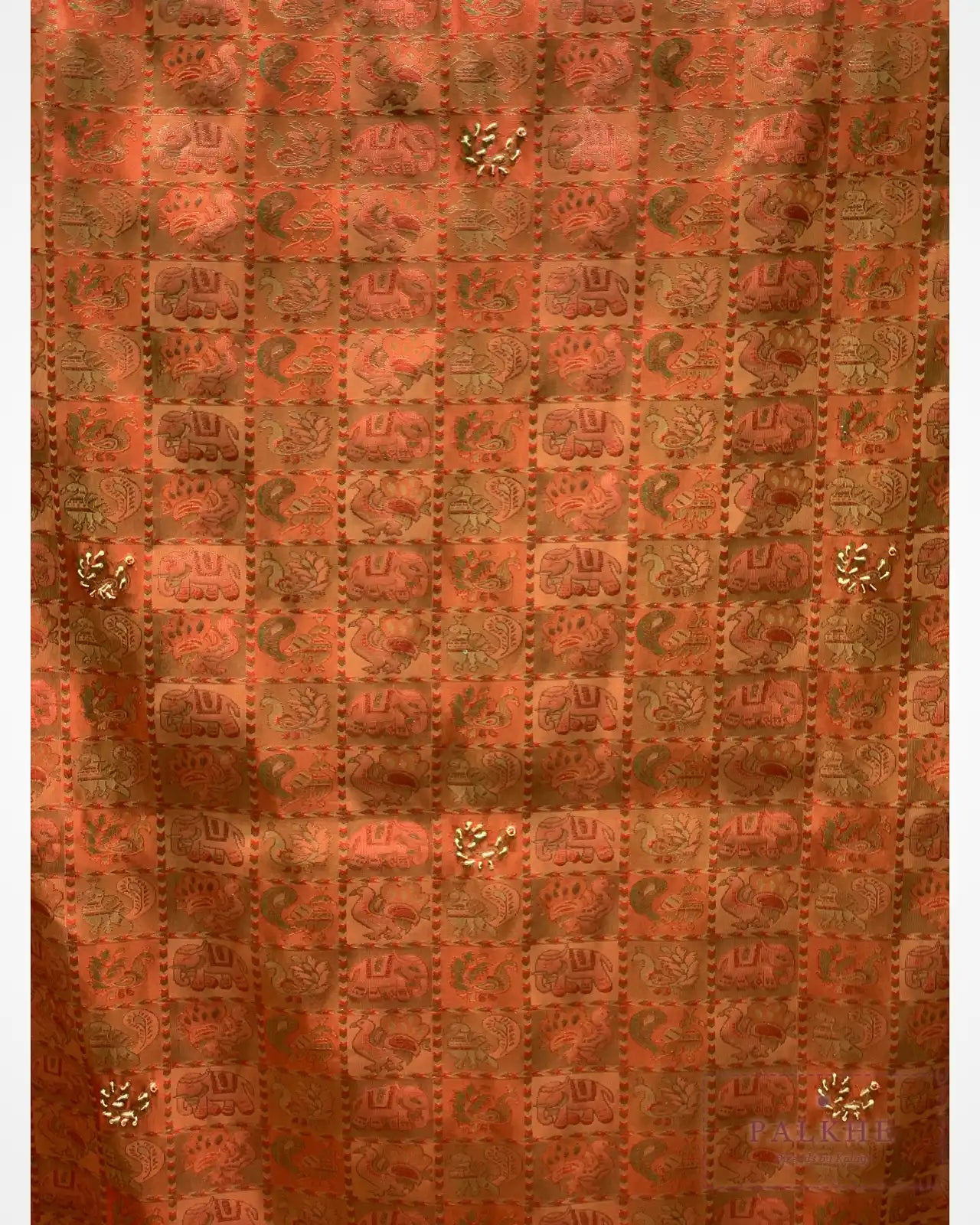 Rust Orange Animal Motif Semi Silk Kanjivaram x Hand Embroidery