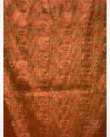 Rust Orange Animal Motif Semi Silk Kanjivaram x Hand Embroidery