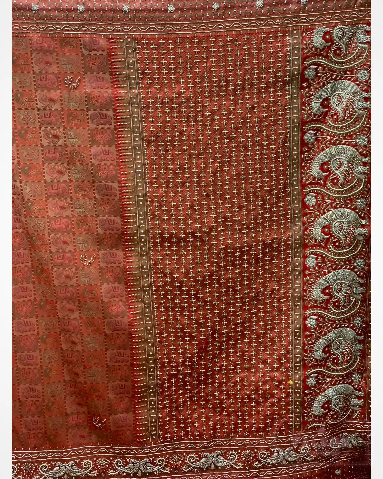 Rust Orange Animal Motif Semi Silk Kanjivaram x Hand Embroidery
