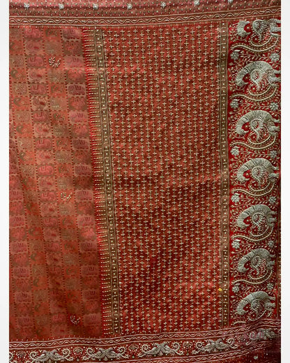 Rust Orange Animal Motif Semi Silk Kanjivaram x Hand Embroidery