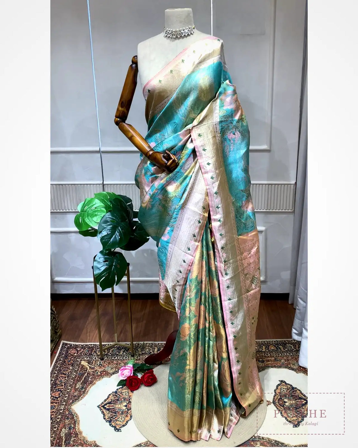 Pista Green Kanjivaram Floral Jaal in Pure Silk