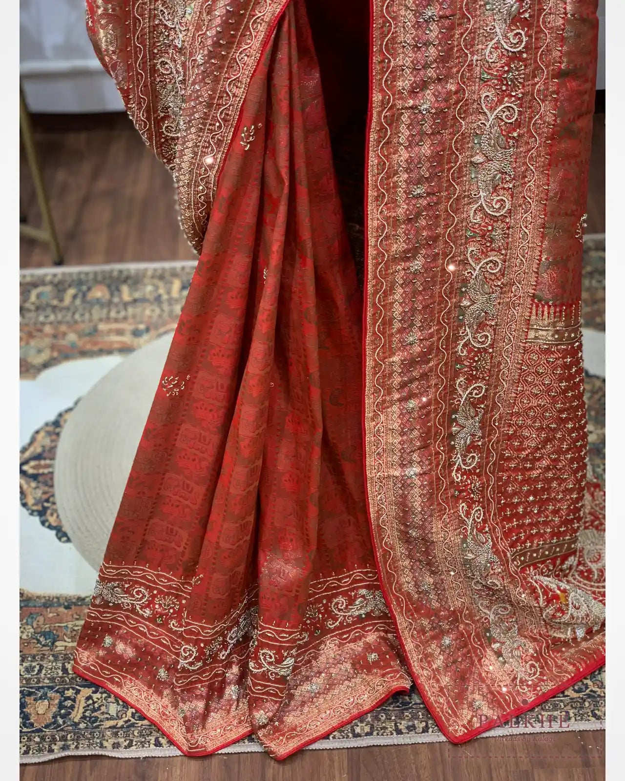 Rust Orange Animal Motif Semi Silk Kanjivaram x Hand Embroidery