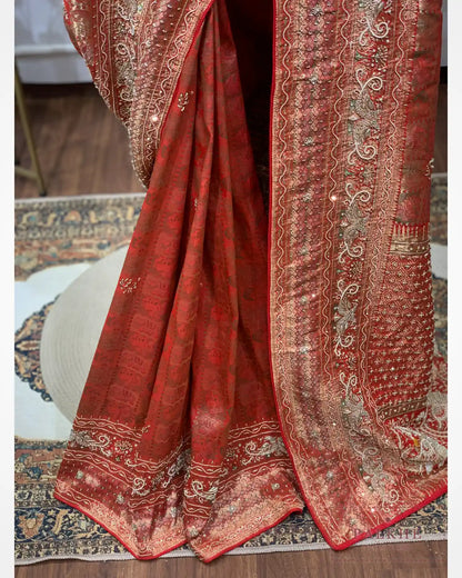 Rust Orange Animal Motif Semi Silk Kanjivaram x Hand Embroidery