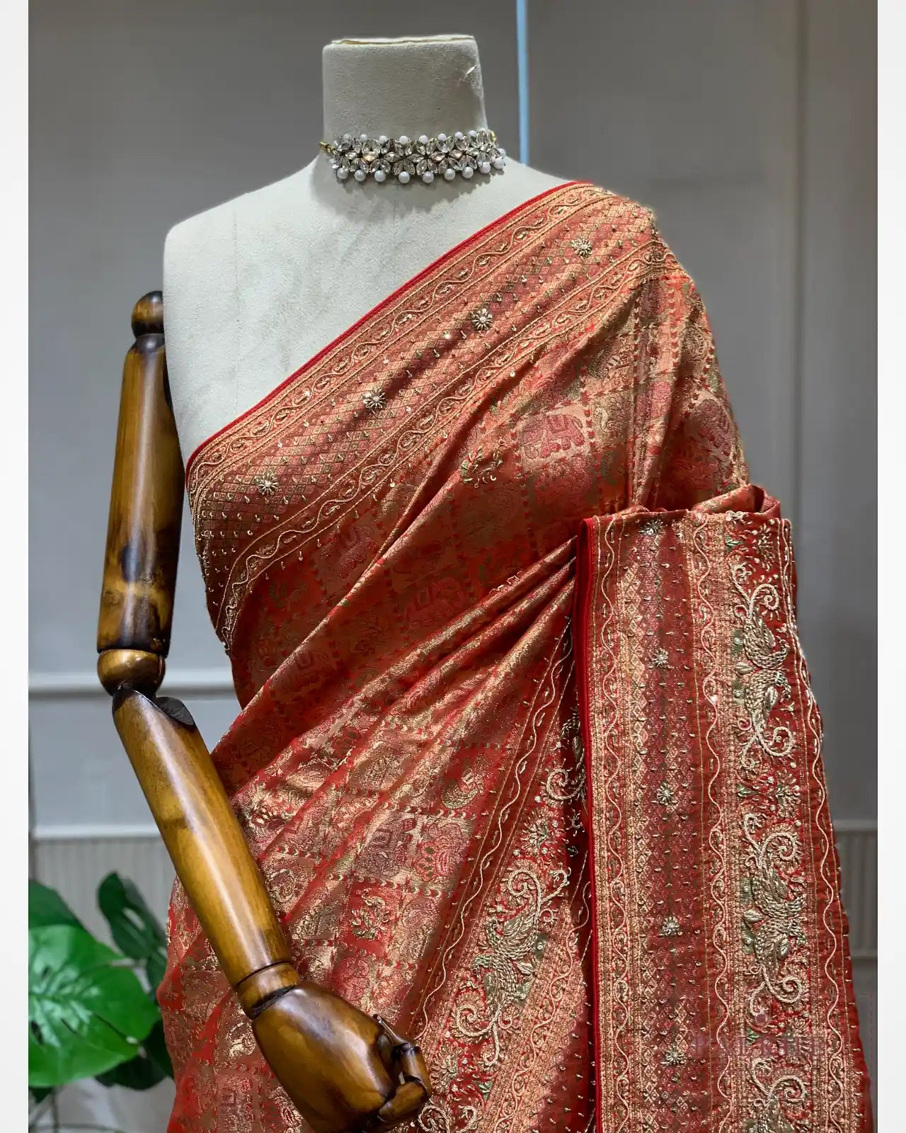 Rust Orange Animal Motif Semi Silk Kanjivaram x Hand Embroidery