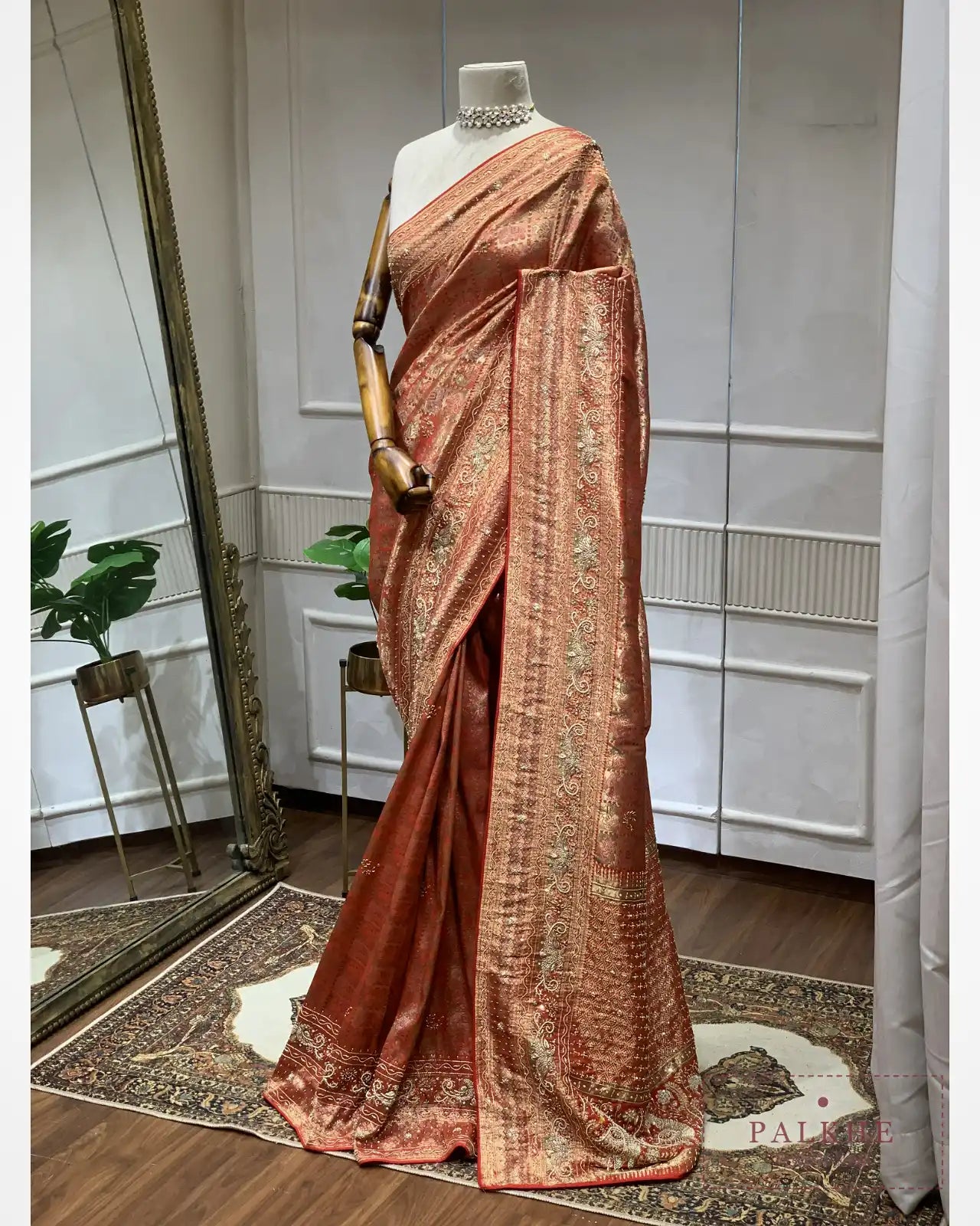 Rust Orange Animal Motif Semi Silk Kanjivaram x Hand Embroidery