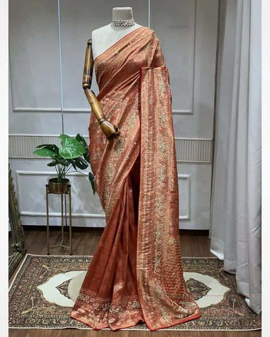 Rust Orange Animal Motif Semi Silk Kanjivaram x Hand Embroidery