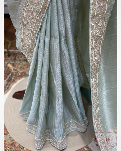 Aqua Blue Brocade Kanjivaram x Hand Embroidery