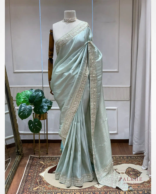 Aqua Blue Brocade Kanjivaram x Hand Embroidery